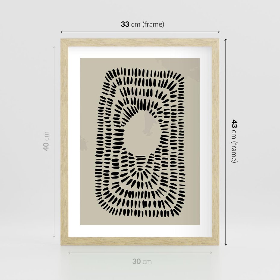 Plakat w ramie 30x40 - Zaklęte Wnętrza - boho plakat, czarne kropki kreski - rama drewno