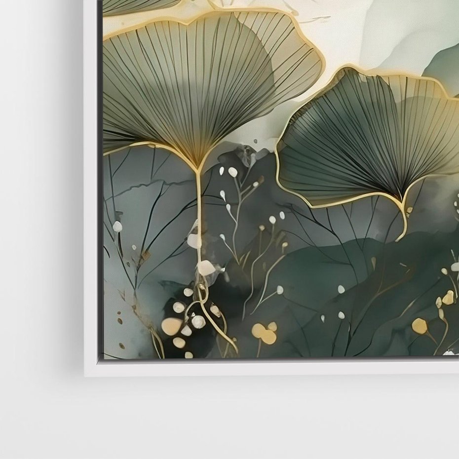 Obraz w ramie 50x50 - Natura w Złotym Odcieniu - złote elementy, liście miłorzębu japońskiego - rama biała