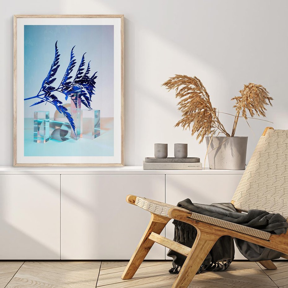 Plakat w ramie 30x40 - Intensywny Kolor Natury - liście, kobalt - rama drewno