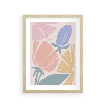 Plakat w ramie 30x40 - Rozkwitające Harmonie Natury - pastelowe kwiaty, na beżowym tle - rama drewno