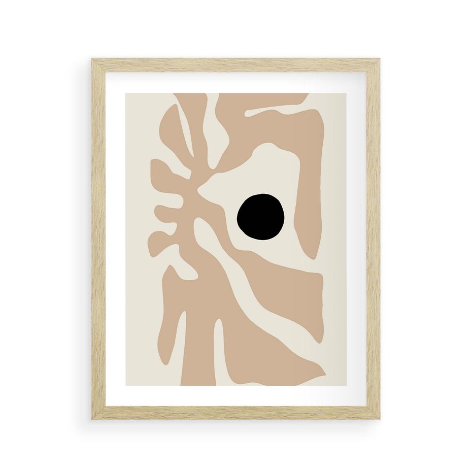 Plakat w ramie 40x50 - Eksploracja Abstrakcji - beżowa absrakcyjna kompozycja, czarny akcent - rama drewno