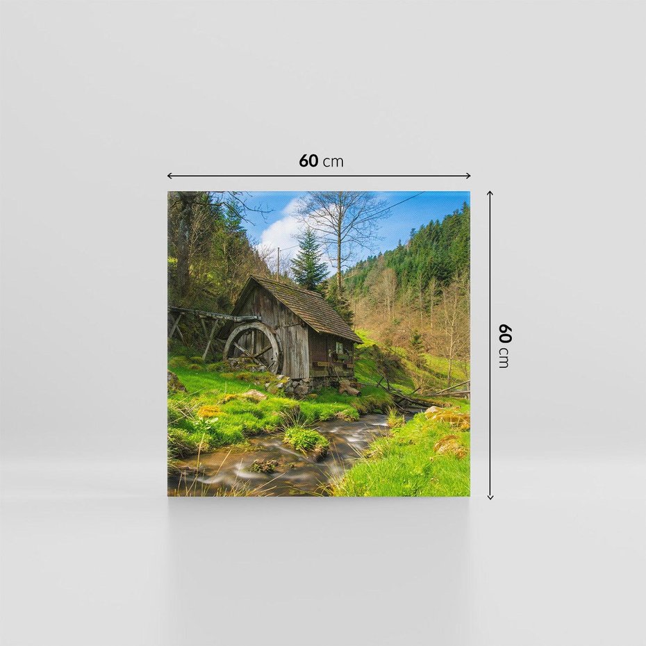 Obraz na płótnie 60x60 - Urok górskiego domku nad strumykiem - domek, góry