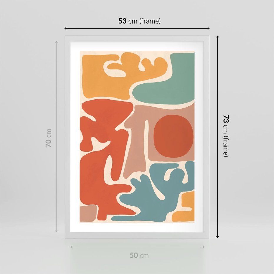 Plakat w ramie 50x70 - Pastelowa Symfonia Kształtów - abstrakcyjne kolorowe formy, pastelowe kolory - rama biała