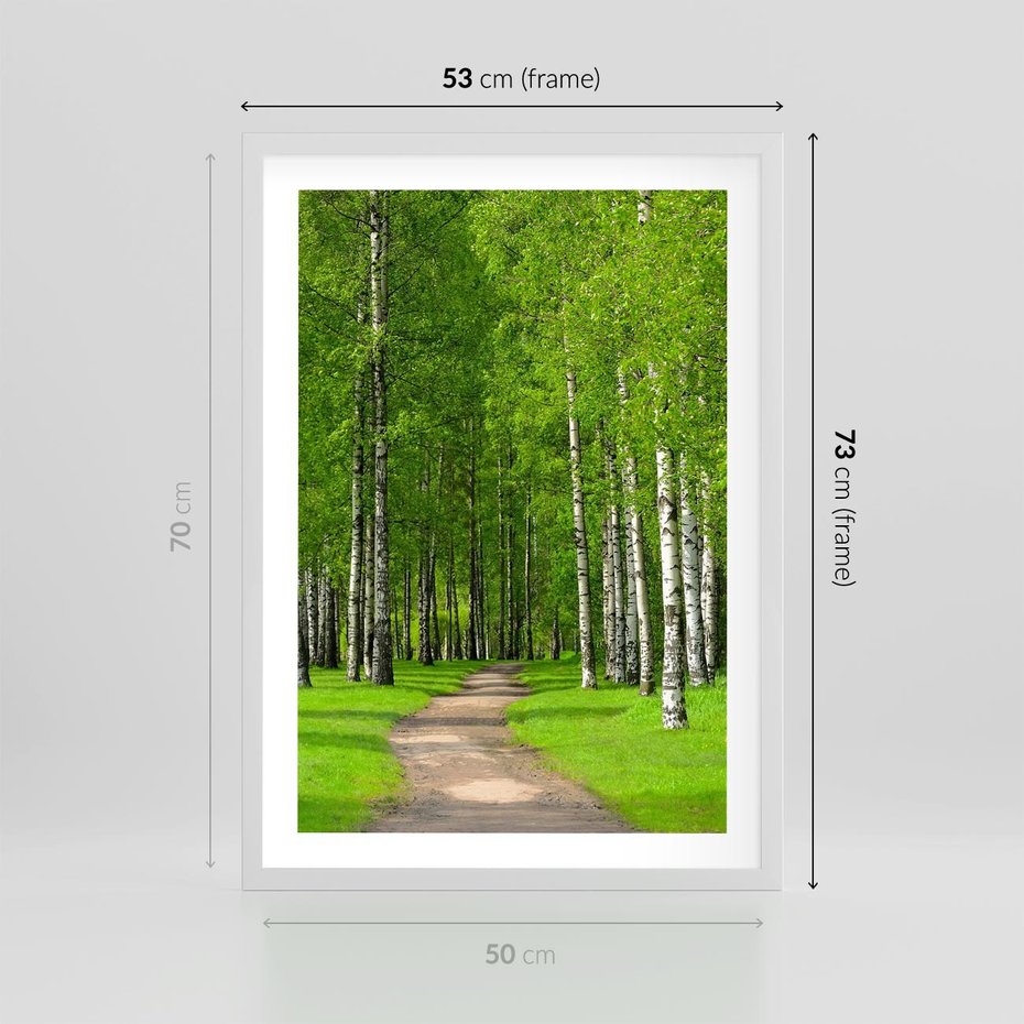 Plakat w ramie 50x70 - Spacer Ścieżką w Urokliwym Lesie - las, ścieżka - rama biała