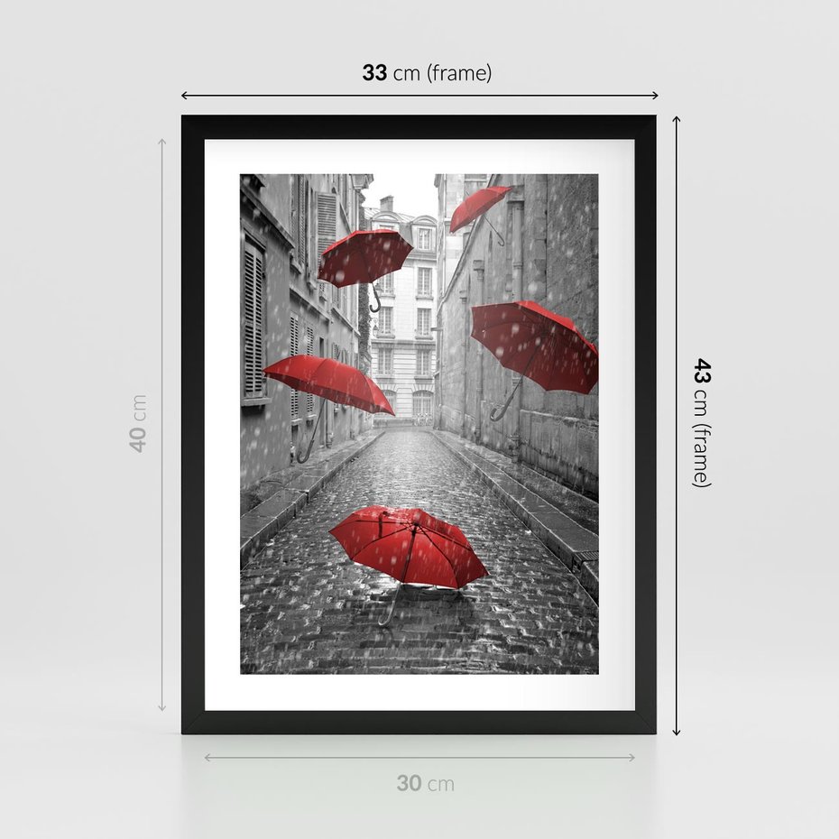 Plakat w ramie 30x40 - Parasole w malowniczej uliczce - parasole, uliczka - rama czarna