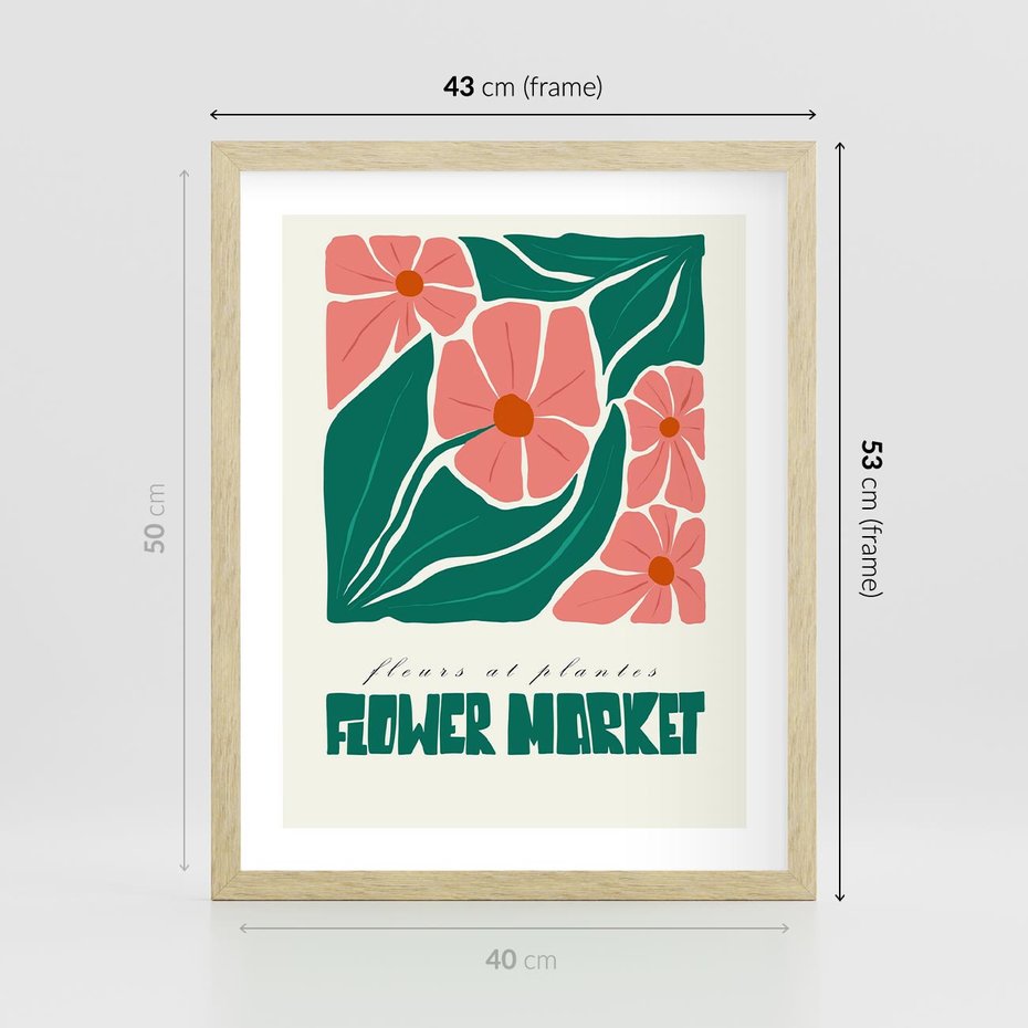 Plakat w ramie 40x50 - Retro Inspiracja - minimalistyczna kwiatowa kompozycja, pastelowe kolory - rama drewno