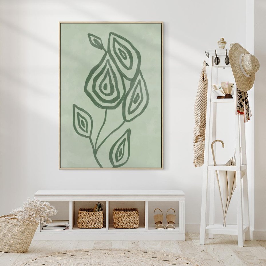 Obraz w ramie 80x120 - Szmaragdowy Oddech - abstrakcyjne delikatne zielone linie, podobne do gałęzi kwiatów - rama drewno