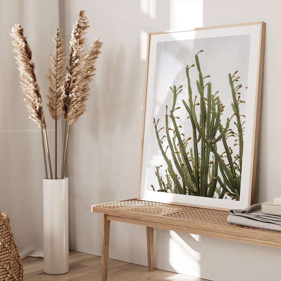 Plakat w ramie 50x70 - Ekskluzywna Roślinność - kaktusy, liście - rama drewno