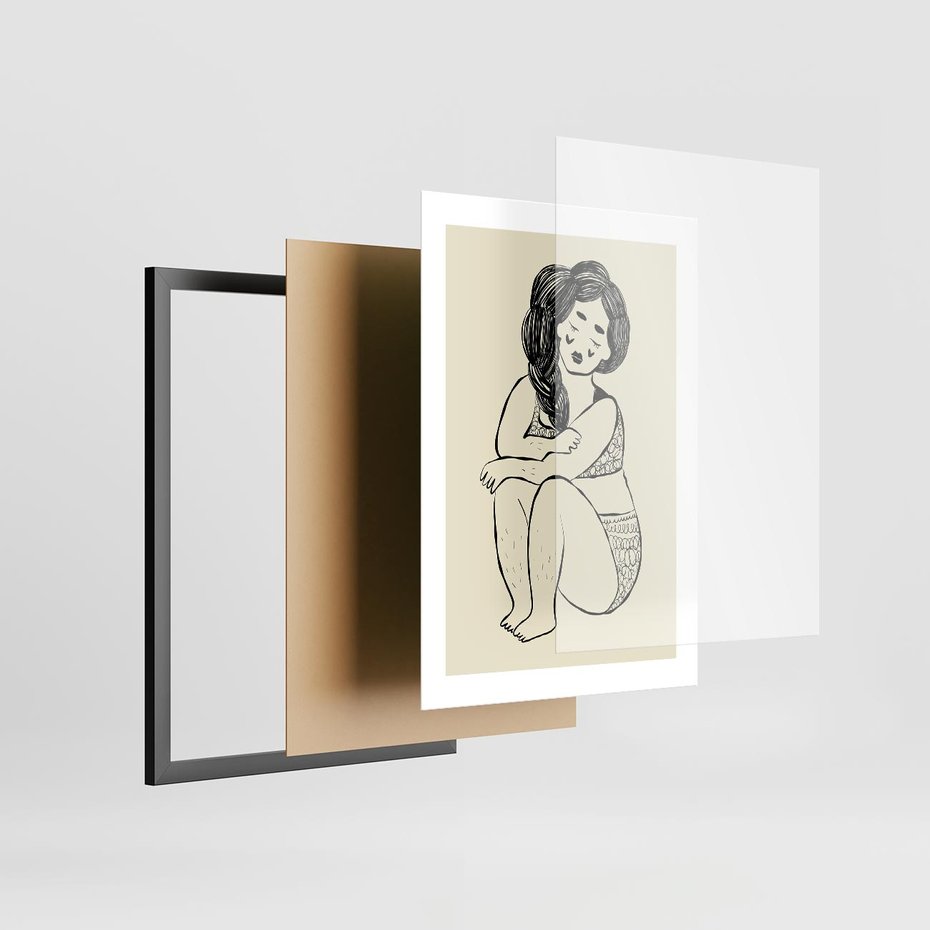 Plakat w ramie 30x40 - Migotliwe Refleksje - nowoczesny minimalistyczny rysunek, dziewczyna w bieliźnie - rama czarna