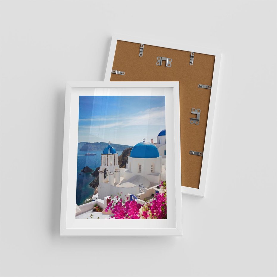 Plakat w ramie 30x40 - Perspektywa na Santorini - Santorini, perspektywa - rama biała