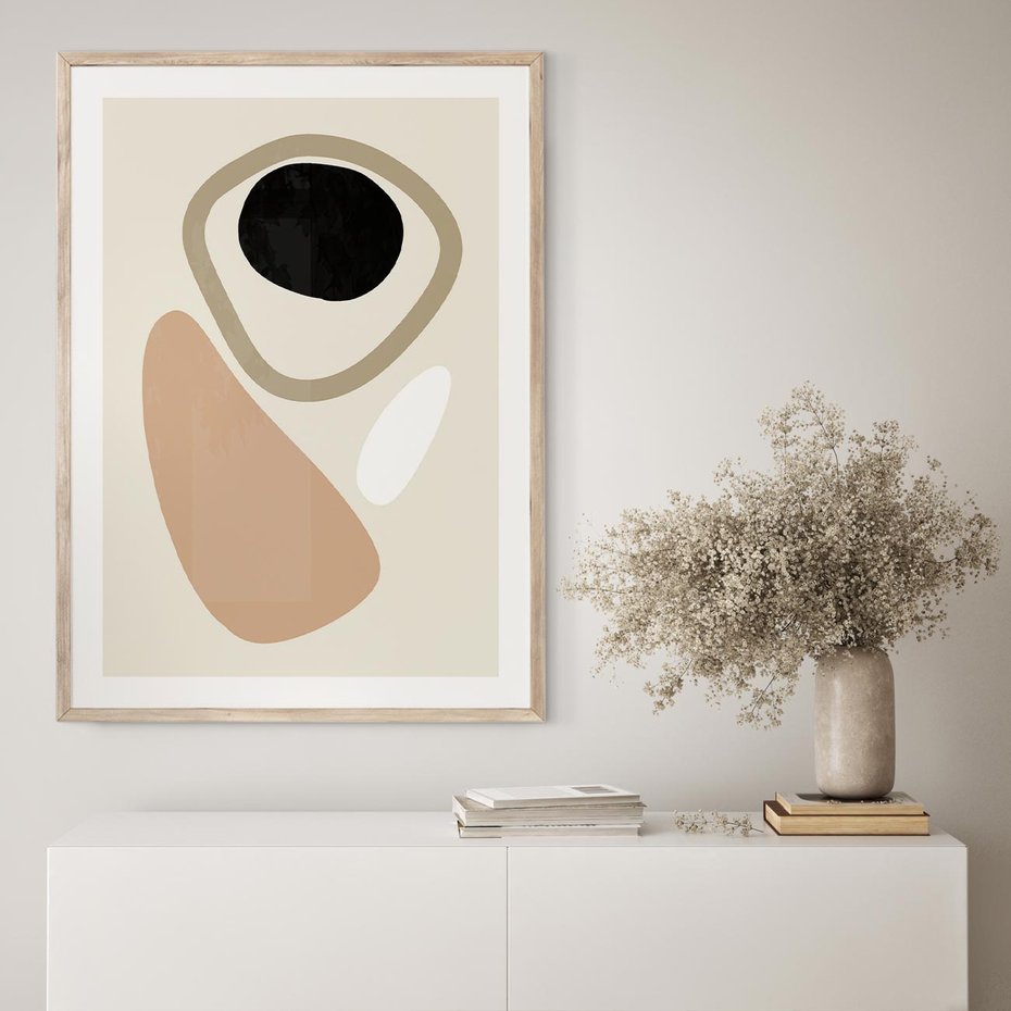 Plakat w ramie 30x40 - Beżowa Synergia - beżowa abstrakcyjna kompozycja, czarny akcent - rama drewno