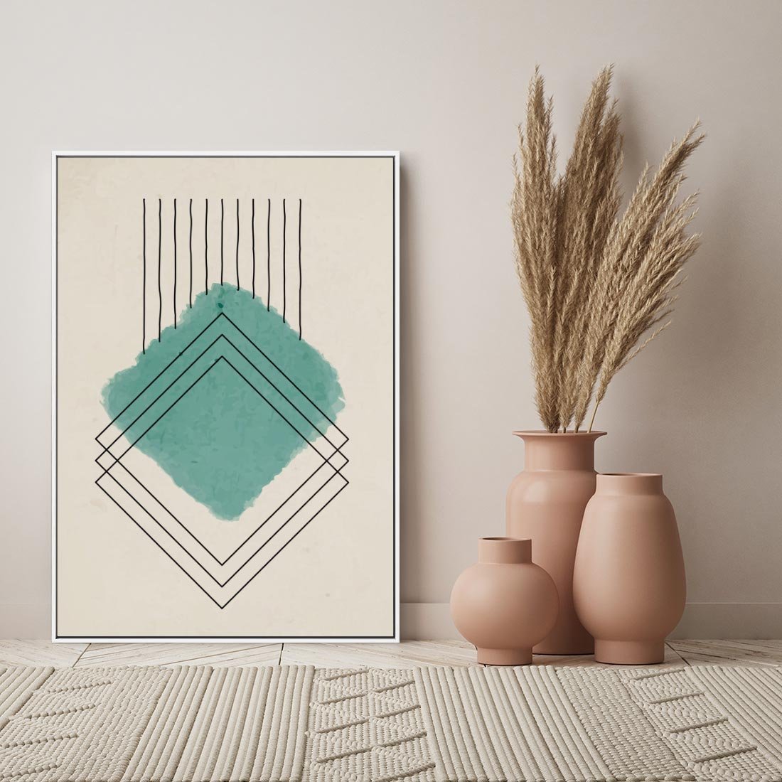 Obraz w ramie 50x70 - Impresje Przestrzeni - akwarelowa plama, geometryczne szkicowane kształty - rama biała