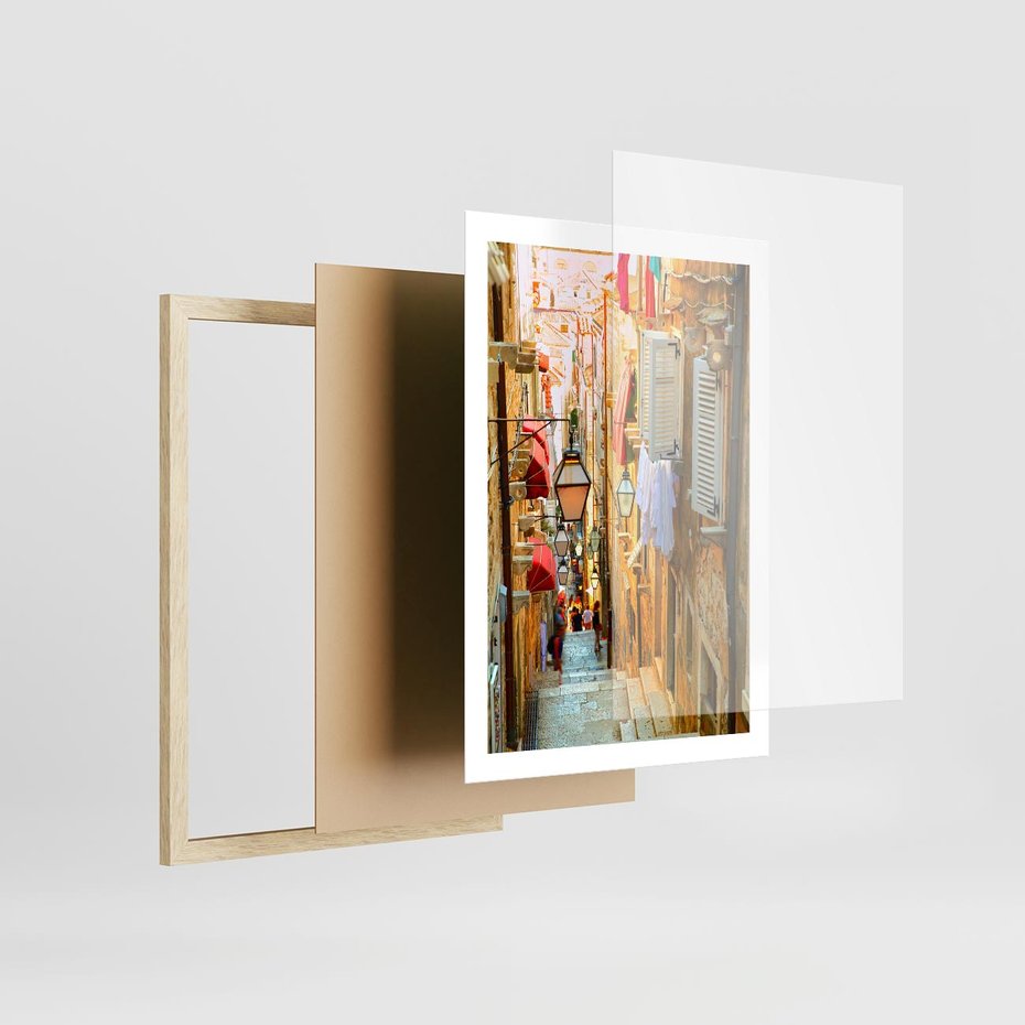 Plakat w ramie 50x70 - Odkryj tajemnice miasta - uliczka, perspektywa - rama drewno