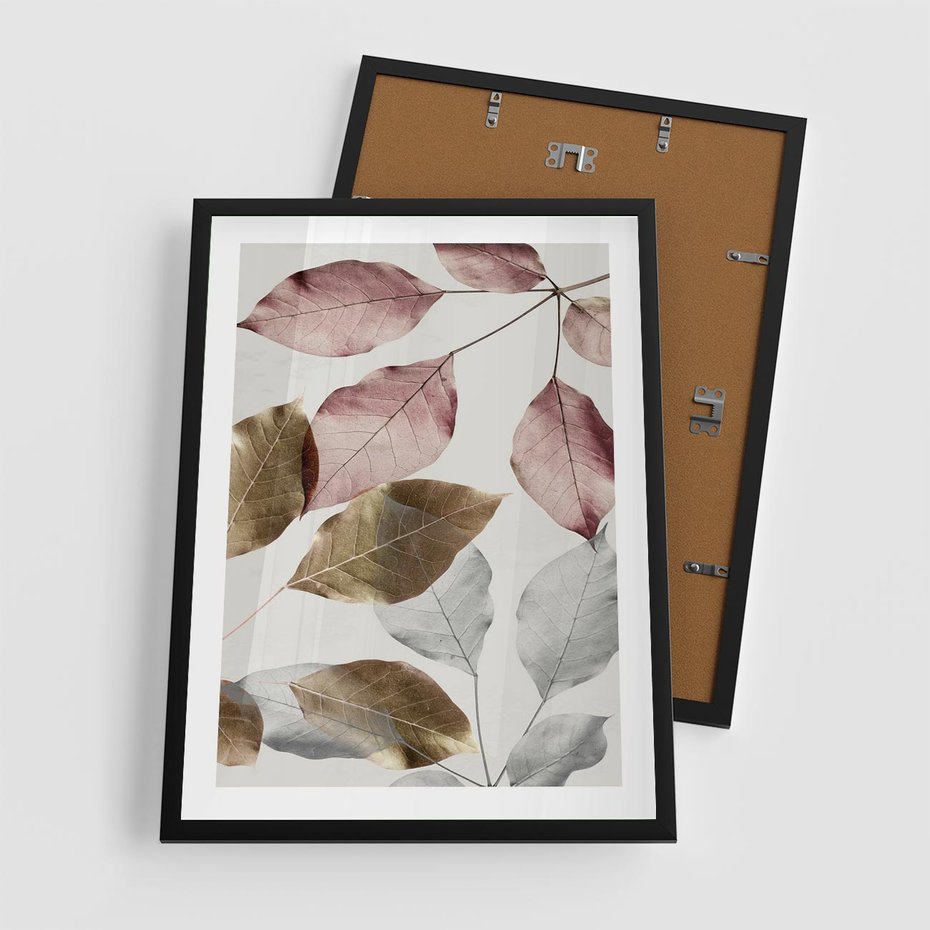 Plakat w ramie 50x70 - Pastelowe Liście z Nutką Złota - liście, pastelowe kolory - rama czarna
