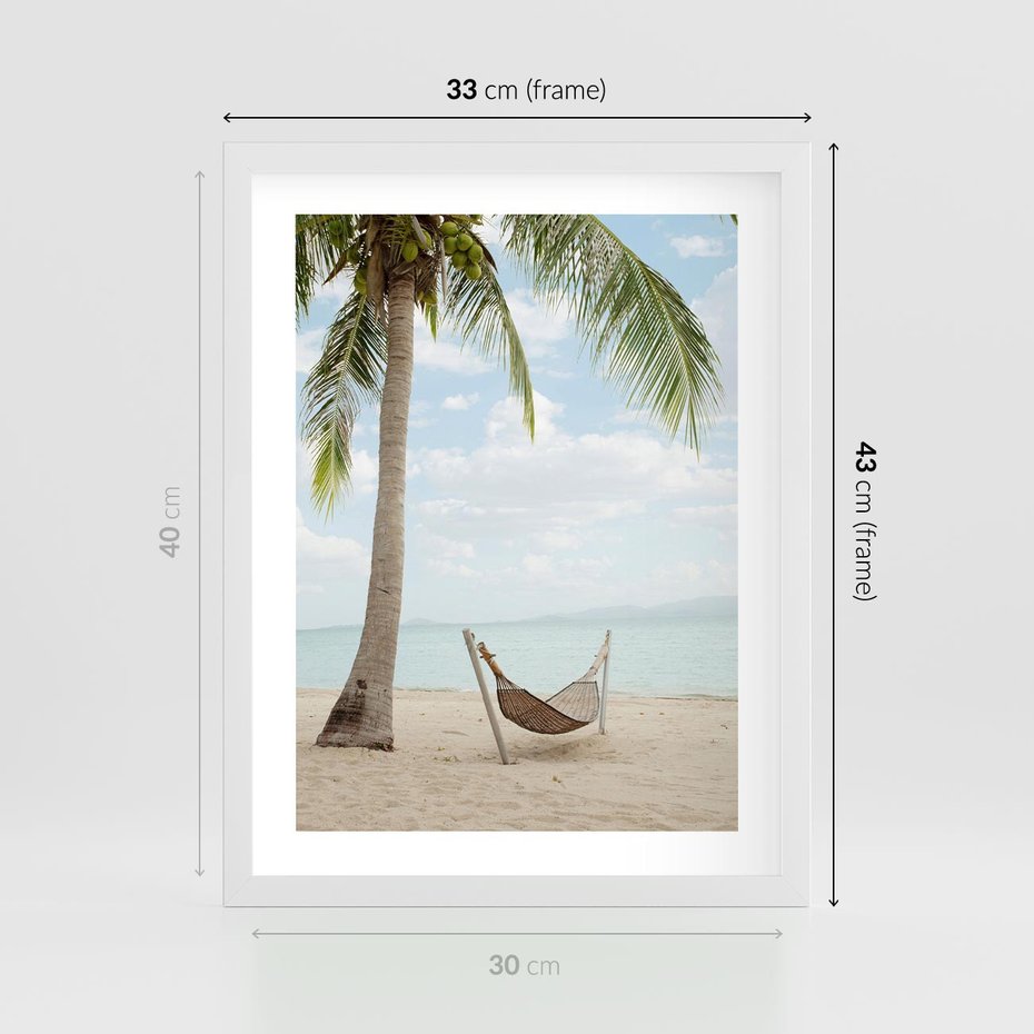 Plakat w ramie 30x40 - Relaks na plaży - palma, hamak - rama biała
