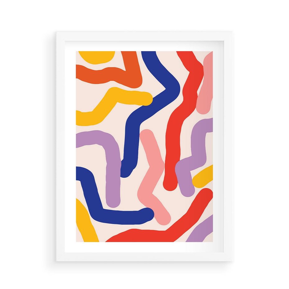 Plakat w ramie 50x70 - Abstrakcyjne Dialogi - abstrakcyjny kolorowy obraz, kolorowe linie - rama biała