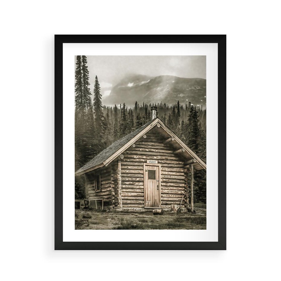 Plakat w ramie 40x50 - Urok Drewnianej Chatki w Górach - chatka w górach, drewniany domek - rama czarna