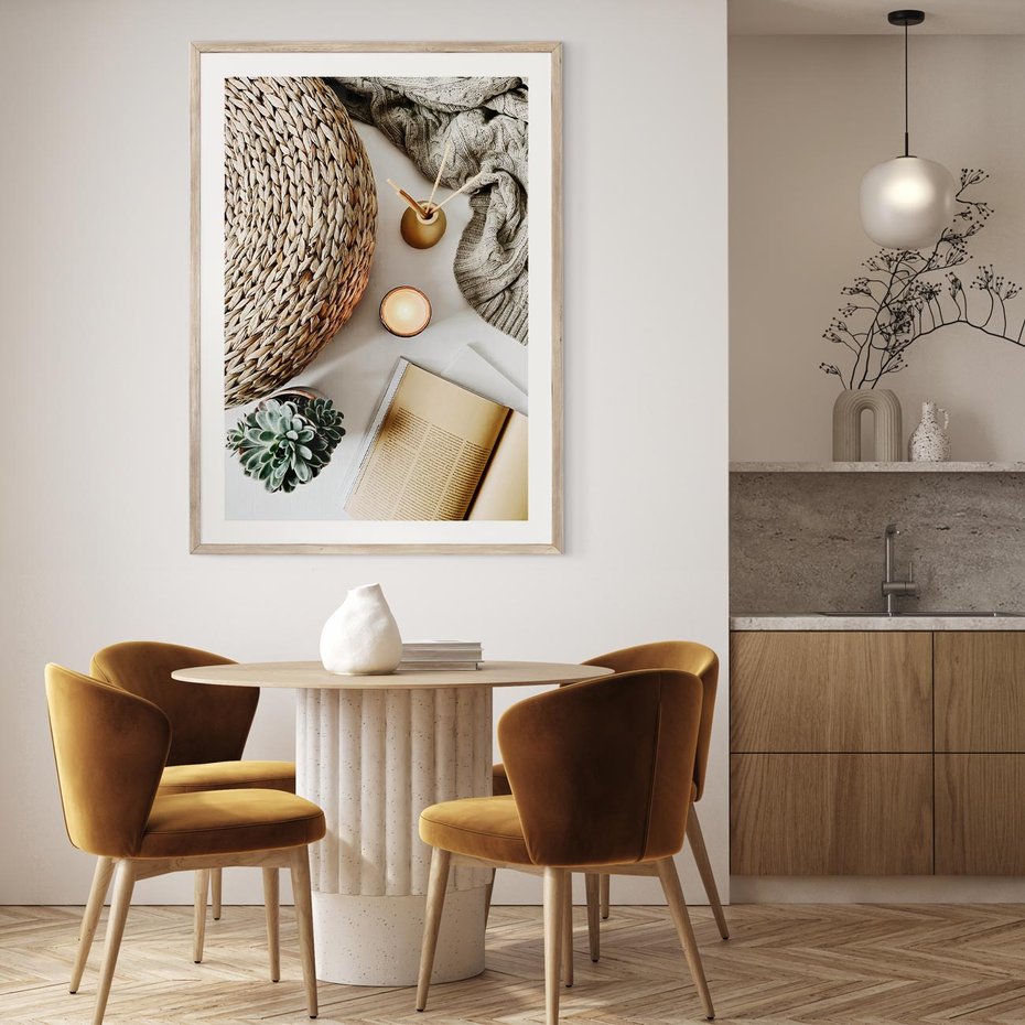 Plakat w ramie 30x40 - Przytulna Kompozycja Lifestyle - kompozycja lifestyle, wiklina - rama drewno