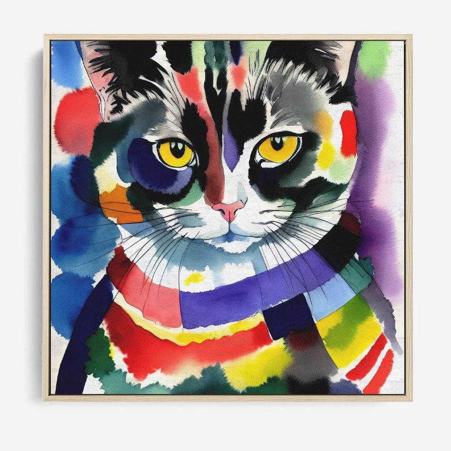 Obraz w ramie 50x50 - Koci Przyjaciel - abstrakcyjny obraz, akwarela - rama drewno