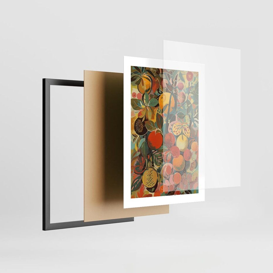 Plakat w ramie 30x40 - Księga Surrealnych Wyobrażeń - abstrakcyjny obraz owoców, jak picasso - rama czarna