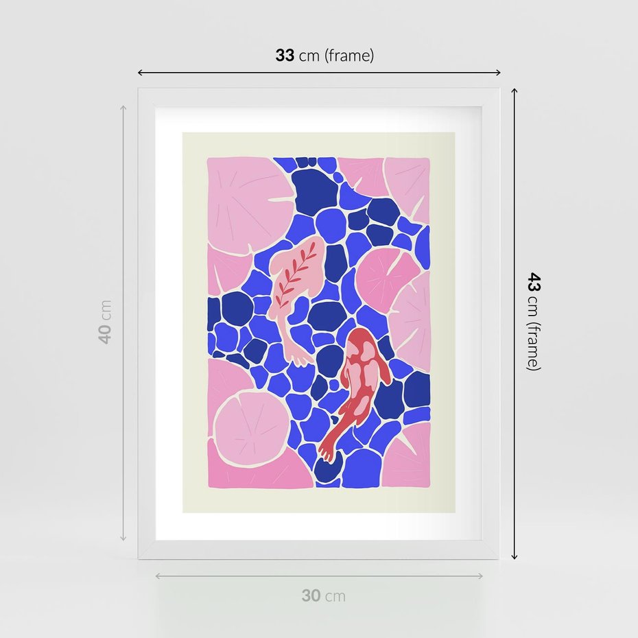 Plakat w ramie 30x40 - Rzeka Abstrakcji - abstrakcyjna kompozycja, różowe ryby wśród rafy - rama biała