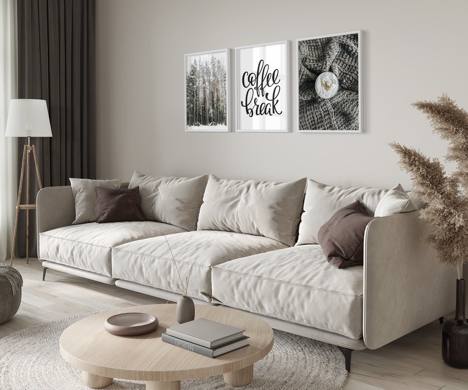 Zestaw obrazy w ramie 30x40 galeria - Kawa, las, zima, przytulnie - rama biała