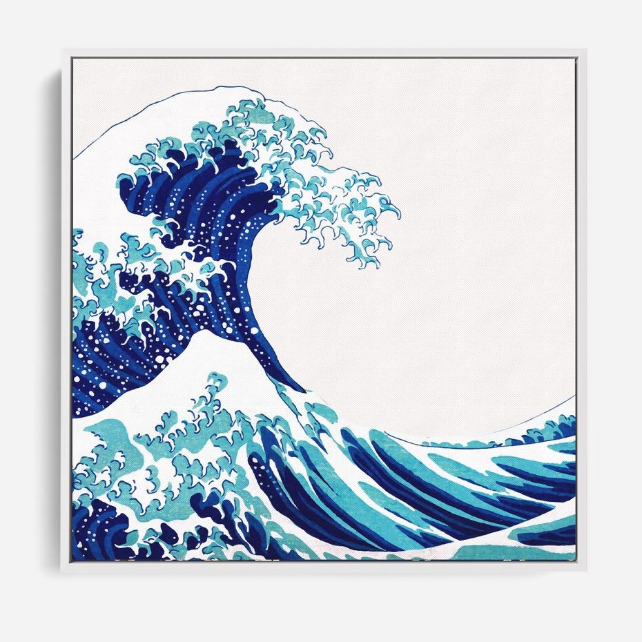 Obraz w ramie 80x80 - Fala Japandi - wielka fala w Kaganawie, obraz Hokusai - rama biała