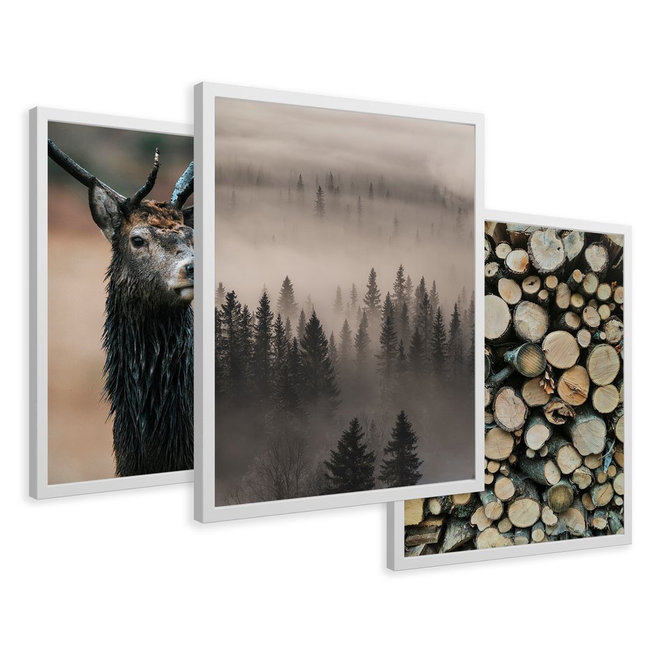 Zestaw obrazy w ramie 30x40 galeria - Jeleń, las, drzewa, boho, skandynawski - rama biała