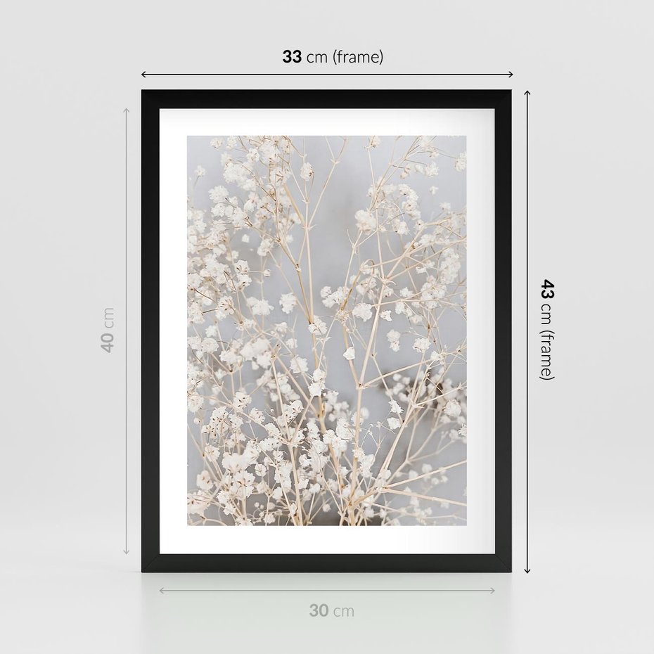 Plakat w ramie 30x40 - Białe Drobne Kwiaty - gipsówka, białe drobne kwiatki - rama czarna