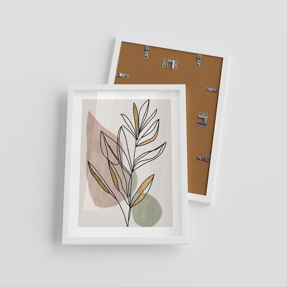 Plakat w ramie 30x40 - Impulsy Subtelnej Harmonii - abstrakcyjny obraz boho, liście - rama biała