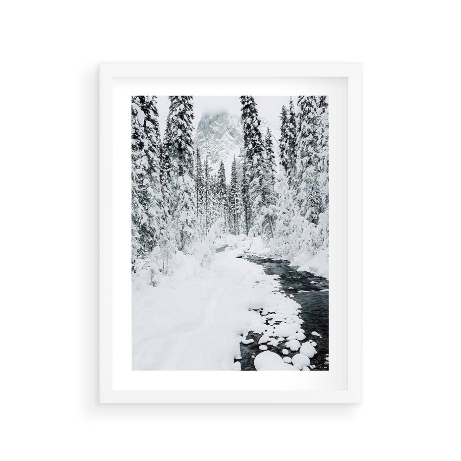 Plakat w ramie 30x40 - Spokój Zimowego Lasu w Górach - zima w lesie, w górach - rama biała