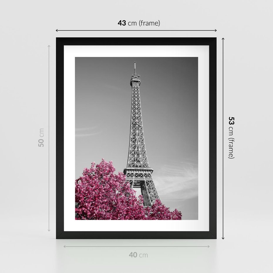 Plakat w ramie 40x50 - Różowy Paryż - czarno białe zdjęcie, wieża eiffla - rama czarna