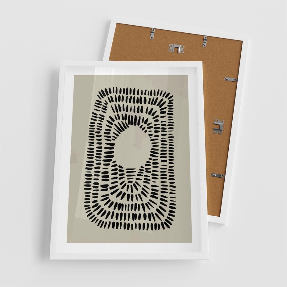 Plakat w ramie 50x70 - Zaklęte Wnętrza - boho plakat, czarne kropki kreski - rama biała