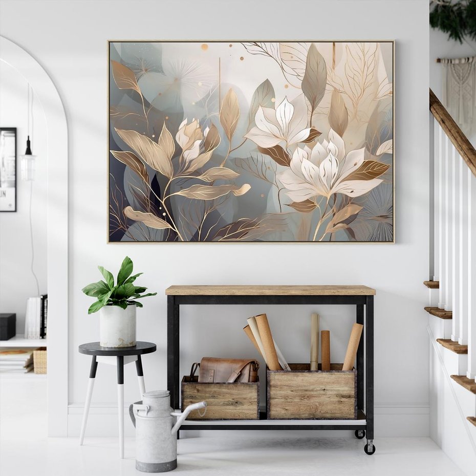 Obraz w ramie 70x50 - Ekspresjonistyczny deszcz uczuć - grafika, złote kwiaty - rama drewno