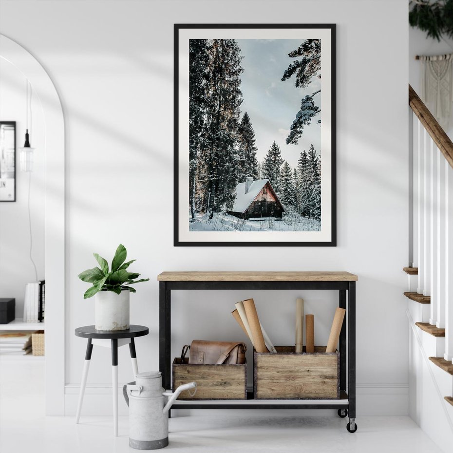 Plakat w ramie 50x70 - Górska Uroda Zimą: Dom w Śniegu - domek w górach, zima - rama czarna