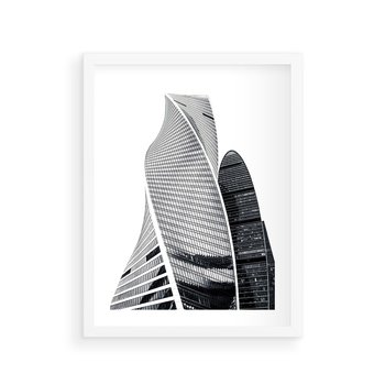 Plakat w ramie 30x40 - Wieżowce z Falistymi Kształtami - nowoczesne wieżowce, czarno biała fotografia - rama biała
