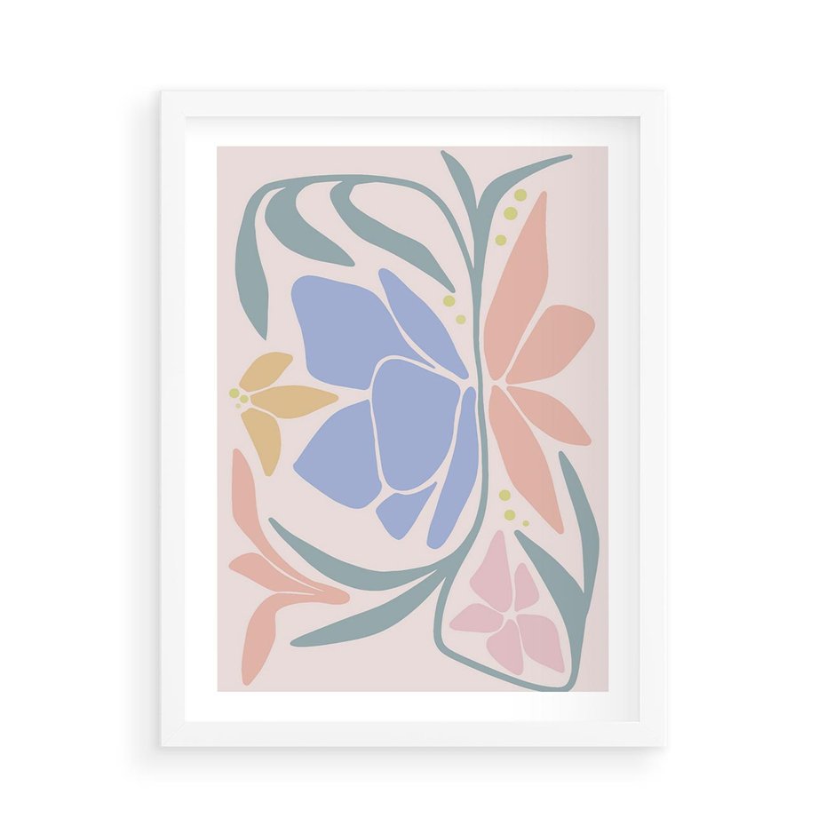 Plakat w ramie 50x70 - Pastele Kwiatowych Plam - pastelowe kwiaty, na beżowym tle - rama biała