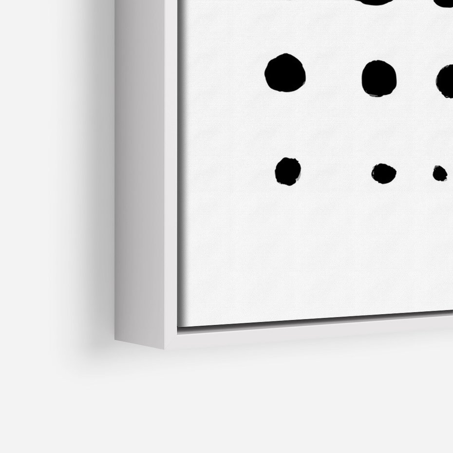 Obraz w ramie 50x70 - Refleksje Światła - minimalistyczna kompozycja, czarne kropkina białym tle - rama biała