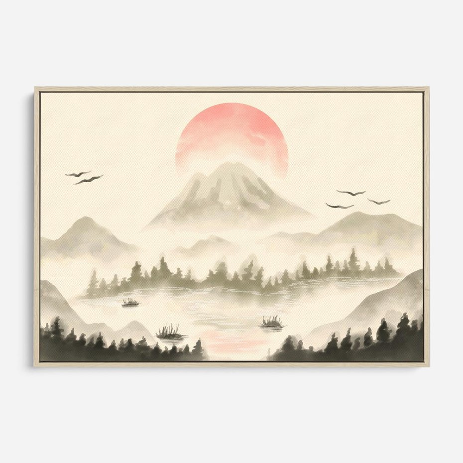 Obraz w ramie 120x80 - Przyroda Japonii - japońska akwarela, góry - rama drewno