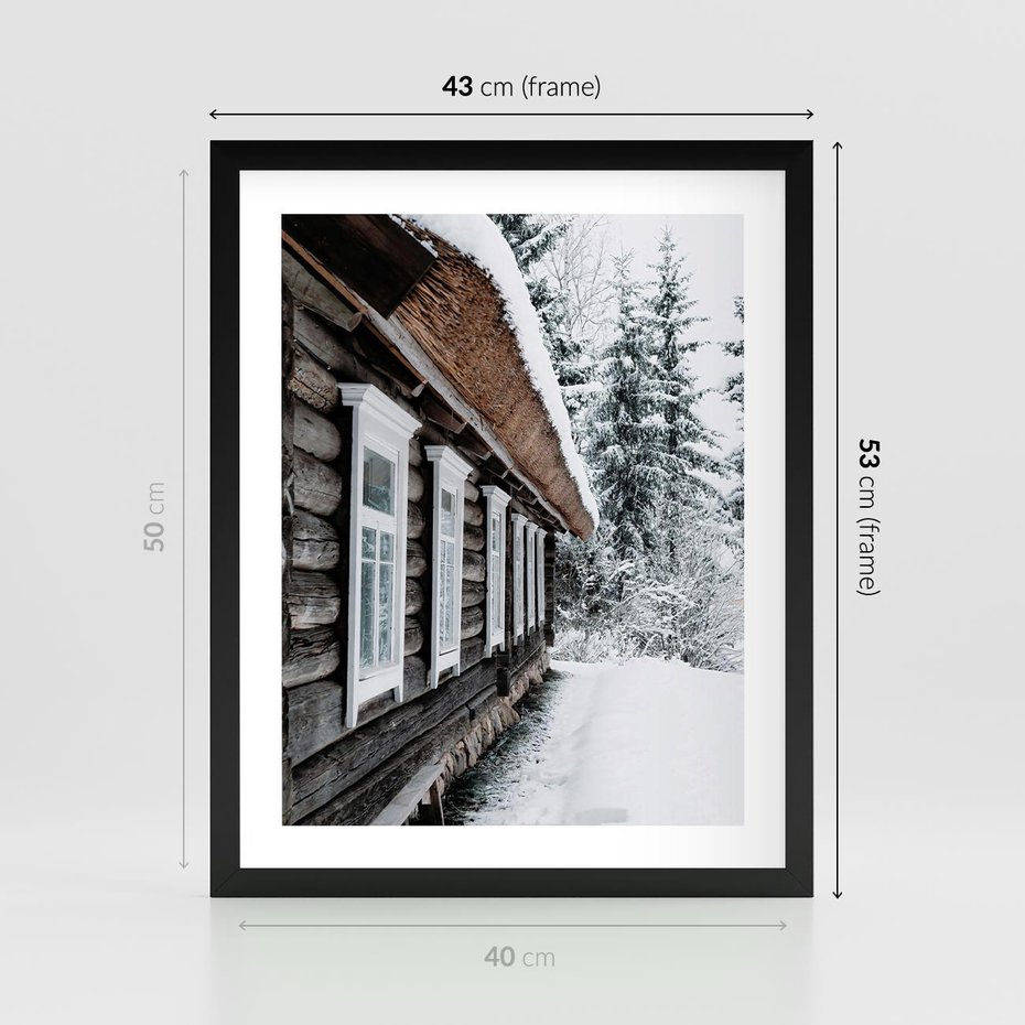 Plakat w ramie 40x50 - Cicha Zima - zima, domek w górach - rama czarna