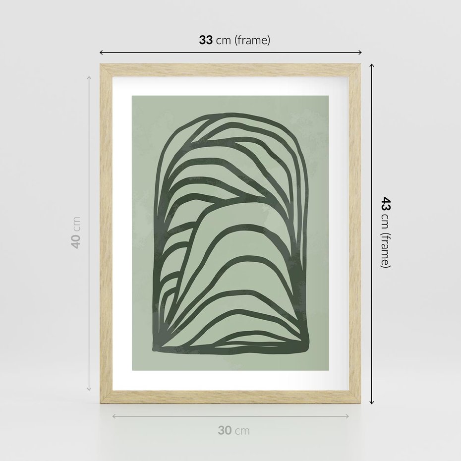 Plakat w ramie 30x40 - Zielonkawy Uścisk Natury - abstrakcyjny zielony motyw, skandynawski design - rama drewno