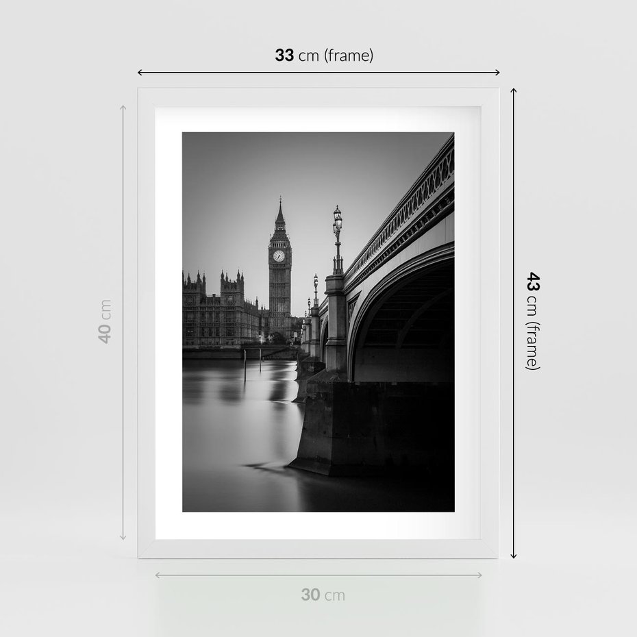 Plakat w ramie 30x40 - Majestatyczny Big Ben w Londynie - Londyn, most - rama biała
