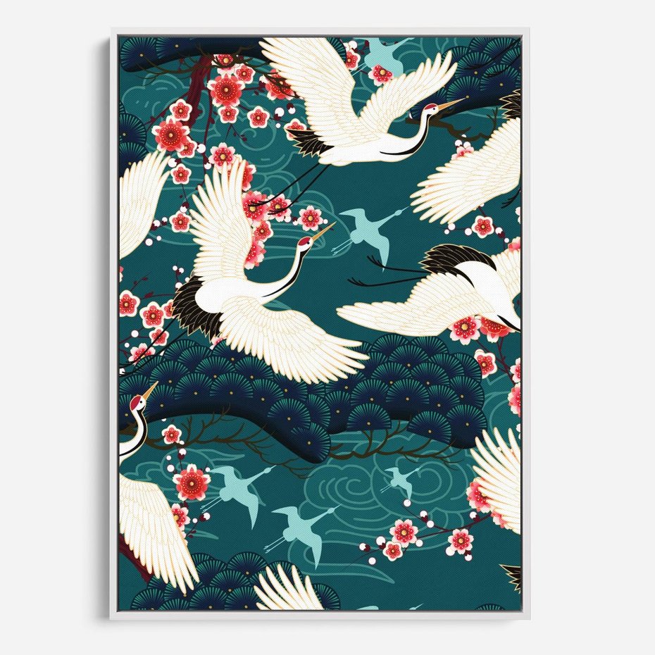 Obraz w ramie 50x70 - Żurawie Wachlarze - orientalne japońskie żurawie, grafika - rama biała