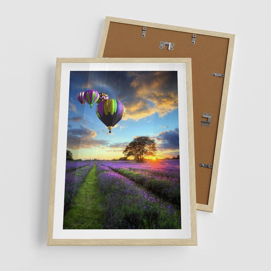 Plakat w ramie 50x70 - Lawendowe Marzenia - lawenda, balony - rama drewno