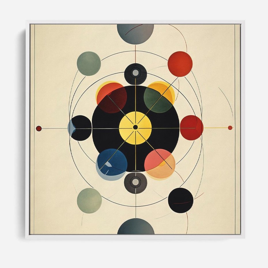 Obraz w ramie 80x80 - Bezgraniczny Taniec Światła - abstrakcyjna geometryczna kompozycja, koła linie - rama biała