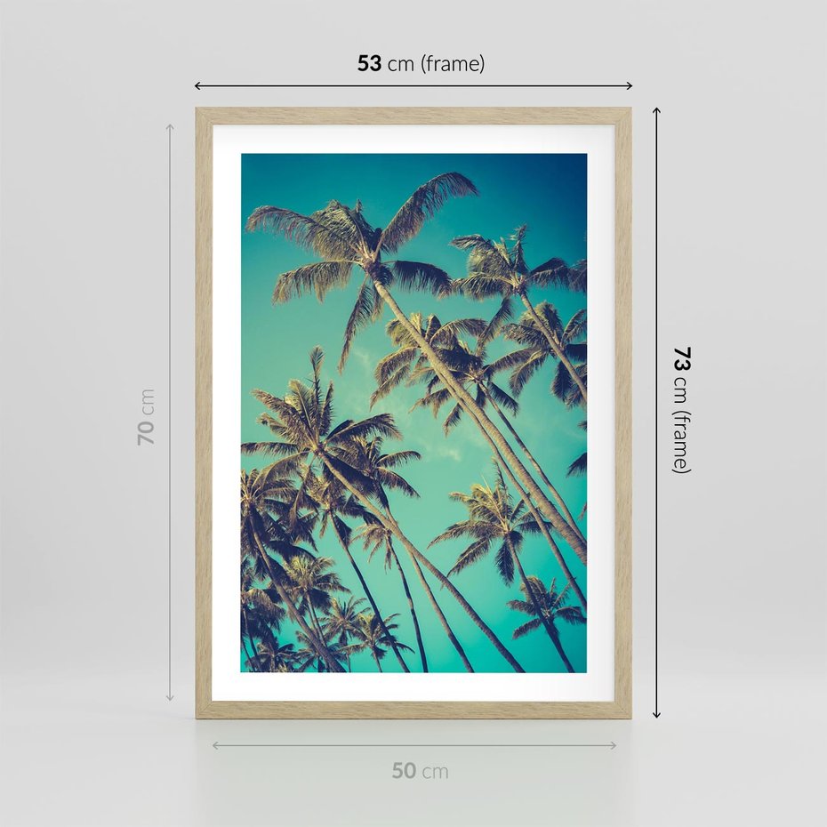 Plakat w ramie 50x70 - Tropikalne palmy w krainie słonecznych wakacji - palmy, tropiki - rama drewno