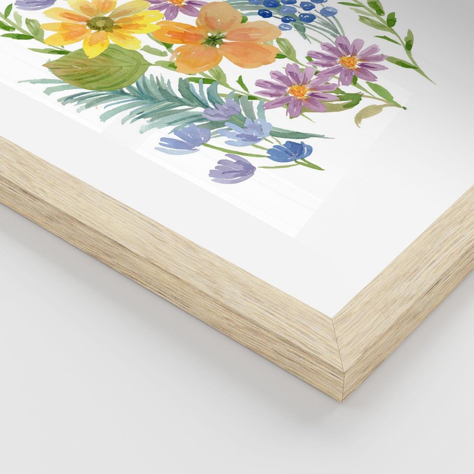 Plakat w ramie 40x50 - Migocące Widoki Kwiatów - akwarelowe polne kwiaty, minimalistyczny plakat - rama drewno