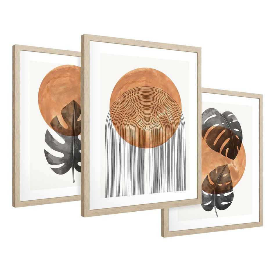 Zestaw obrazy w ramie 30x40 galeria - Monstera, boho, linie, minimalizm - rama drewno