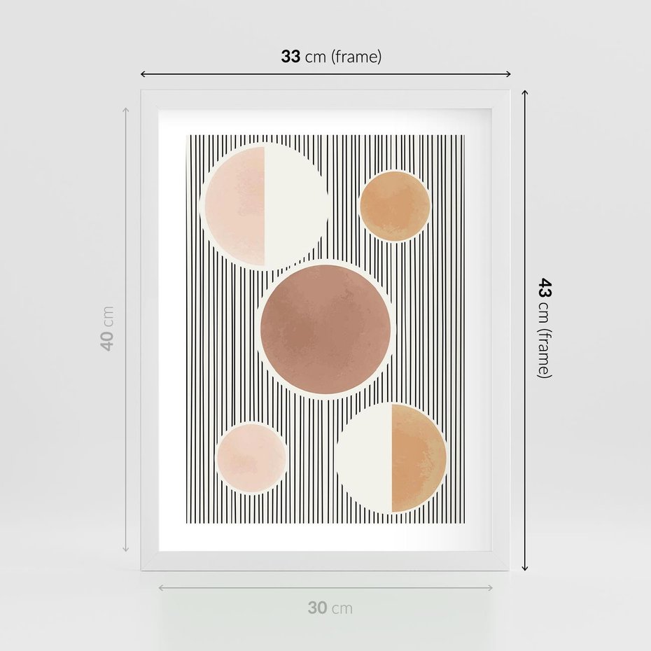 Plakat w ramie 30x40 - Rozplątane Granice - abstrakacyjna nowoczesna sztuka, koła okręgi - rama biała