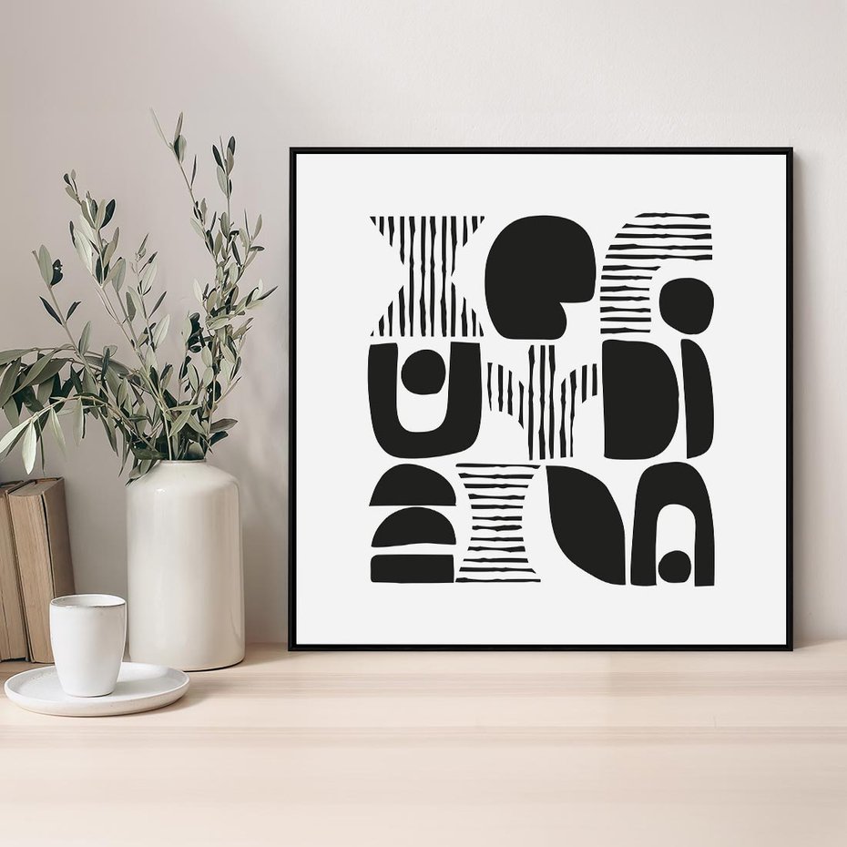 Obraz w ramie 50x50 - Taniec Dziwacznych Kresek - minimalistyczny plakat, czarno biały - rama czarna